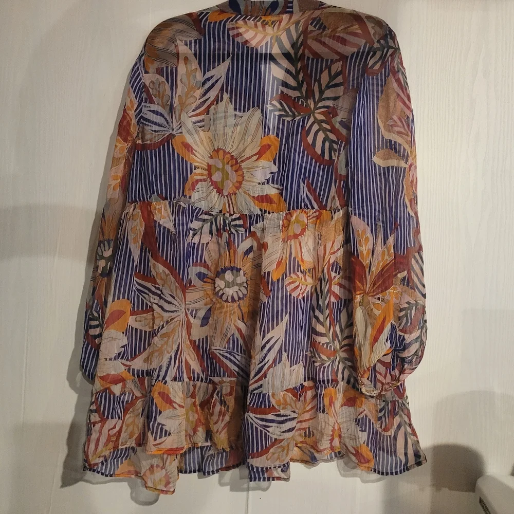 Soft Surroundings Tory Tunic Boho Floral Stripe Print Top Tassel Sheer Sz Large - Picture 9 of 15